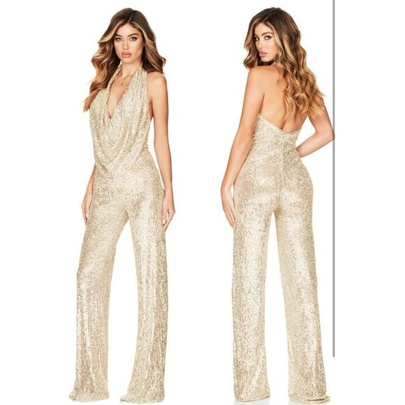Curvy Plus XXL Gold Sexy Halter Cowl Neck Sparkly Jumpsuits Sleeveless Sequin - Picture 2 of 5